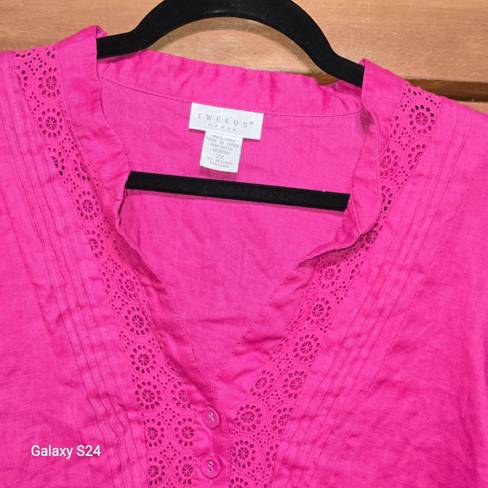 Tweeds Woman 100% Linen Fuchsia Pink Eyelet Lace Pintuck Tunic Blouse 2X